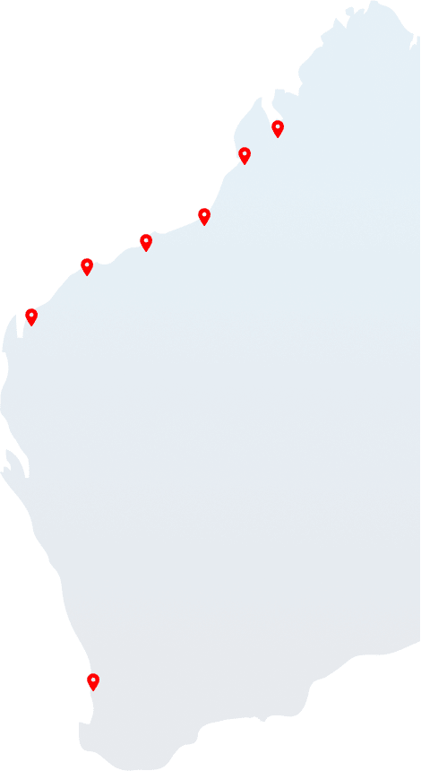 A transparent map of Western Australia showing Kimberley Kerbs locations